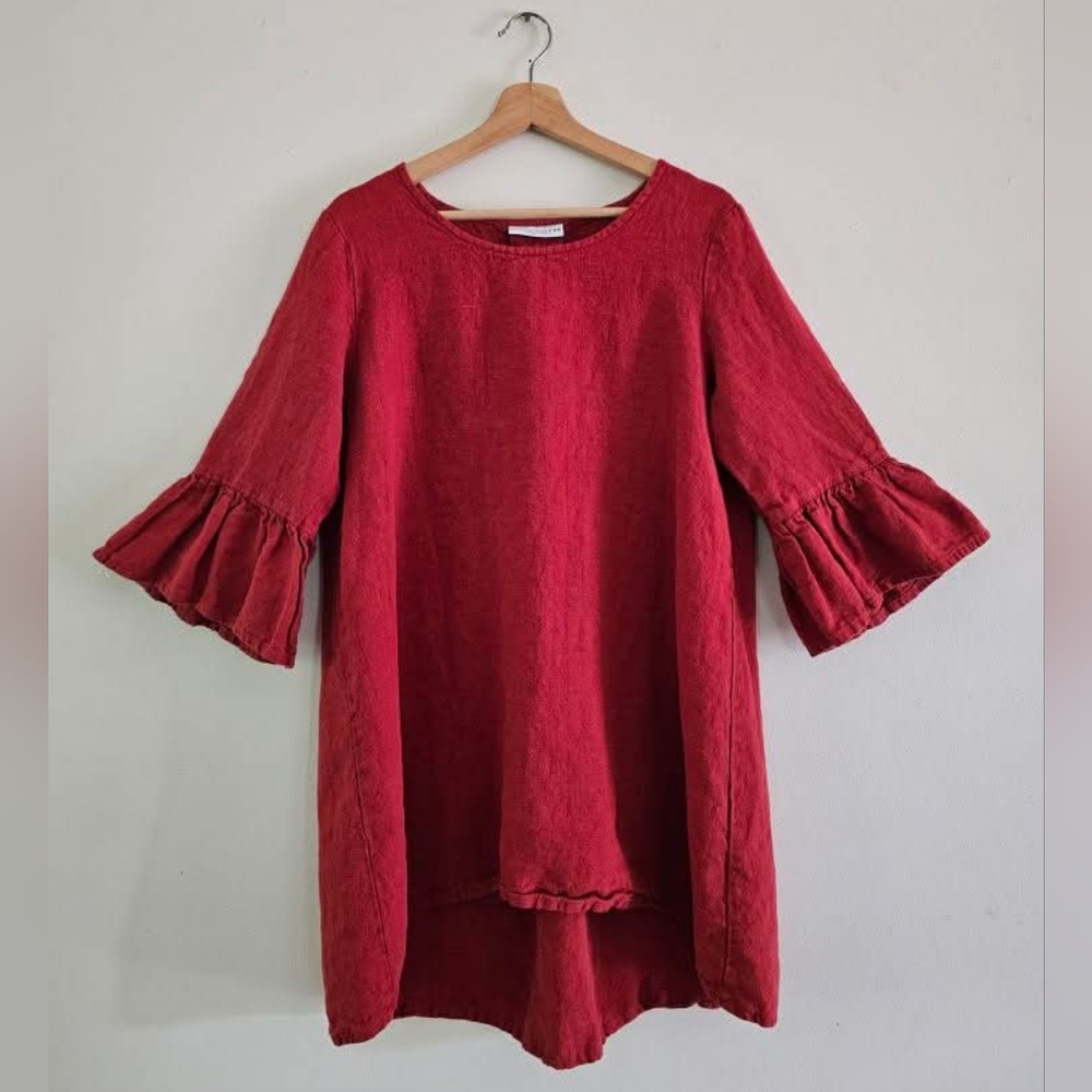 bryn Walker Linen Red Long Sleeve Dress/ Tunic with Ruffle Detail Small